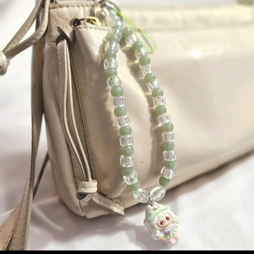 Cute Pastel Green Girly Dainty Elegant Beaded Labubu Phone Charm or Wrist Strap
